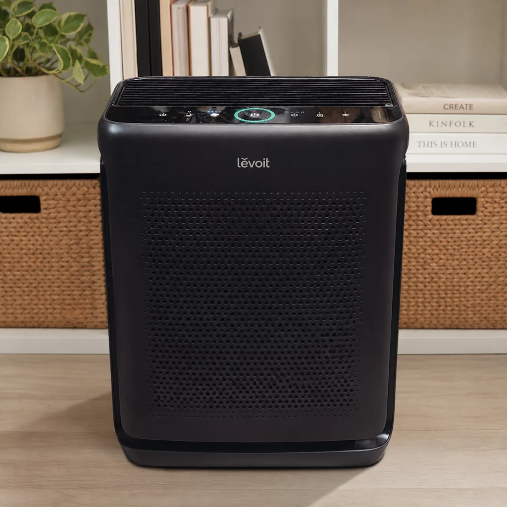 White smart air purifier in a bright home interior