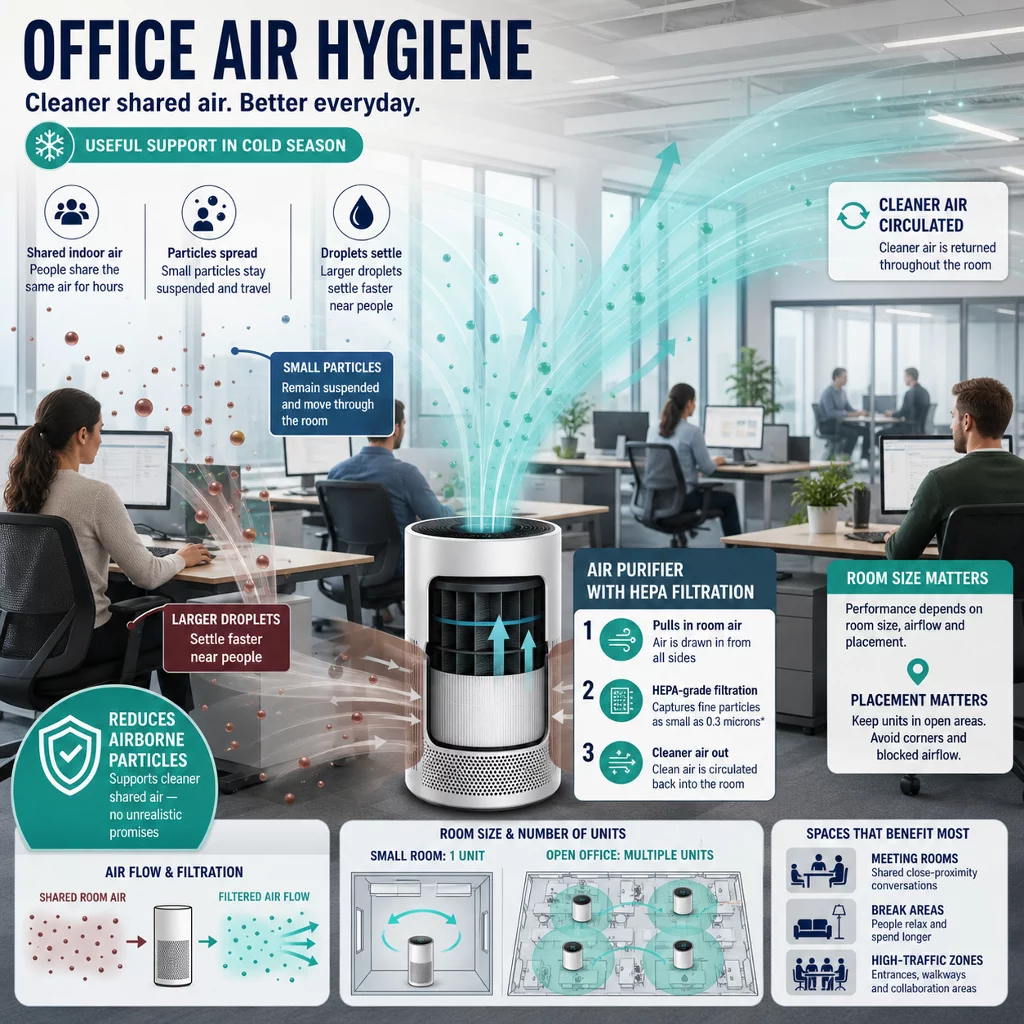 Infographic of a modern open office showing a central air purifier pulling in shared indoor air, filtering particles, and circulating cleaner air, with simple callouts about airflow, droplets, and room size.