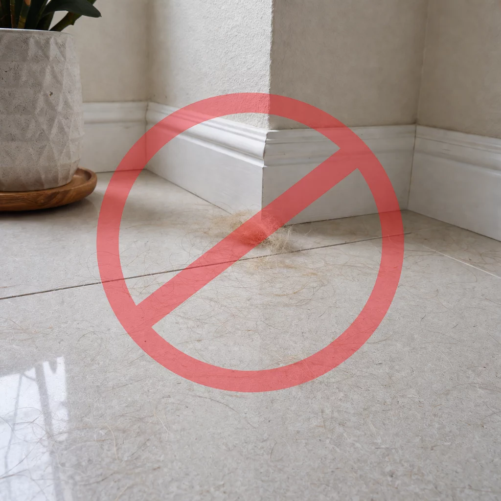 Corner of a room with visible pet hair, dust and fabric build-up