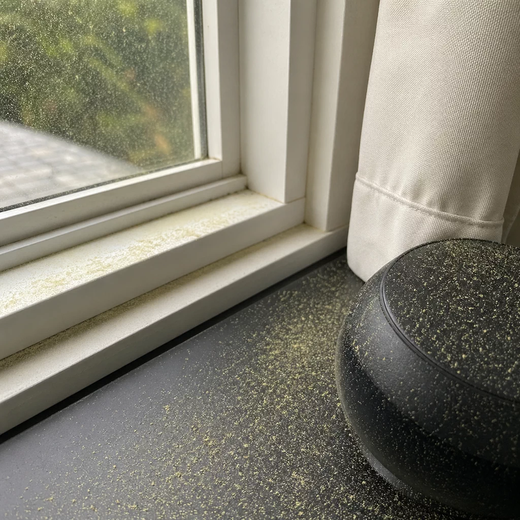 Window area with soft daylight and visible pollen dust on the sill