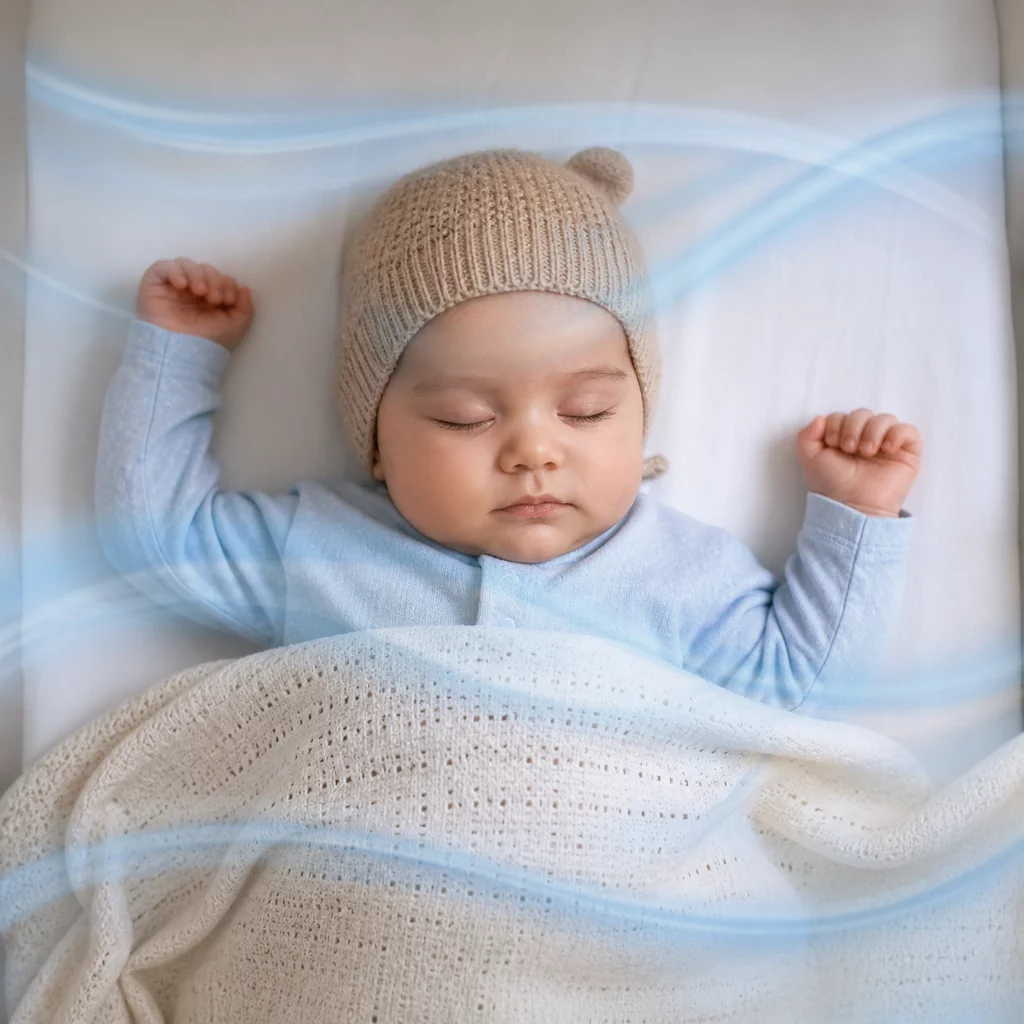 Overhead view of a baby sleeping peacefully in a crib, wearing a knit cap and tucked under a blanket, with soft blue waves suggesting clean air.