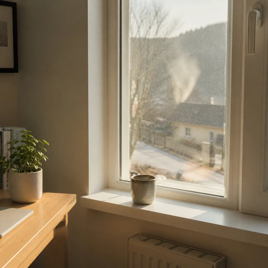 Window-side interior with visible fine dust and an urban road outside